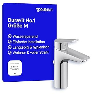 Duravit No.1 Waschtischarmatur, Größe M (Auslauf Höhe 117 mm), Wasserhahn Bad mit Zugstangen-Ablaufgarnitur, wassersparende Waschbecken Armatur (MinusFlow), Chrom
