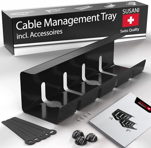 SUSANI Kabelkanal Schreibtisch – Kabelkanal Weiß [1er Set] Extra lang – 42x12x11 [cm]– Kabelmanagement Schreibtisch für Organisation und Ordnung am Arbeitsplatz–Inkl. Zubehör