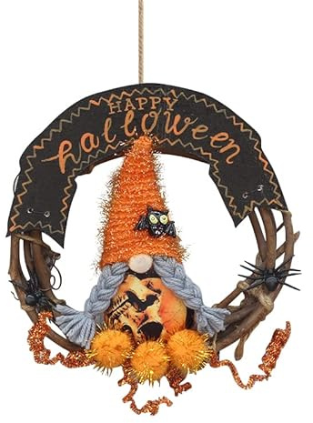 Autumn Wreaths For Front Door Halloween Garland Gnome Pumpkin Decorations Thanksgiving, Autumn Harvest Wreath Garlands Home Outdoor Yard Party Ornaments (Orange)