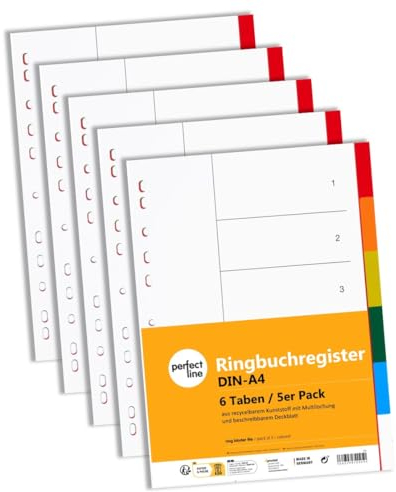 perfect line - Ordner-Register DIN-A4 aus Kunststoff (PP), 6 Taben (6-teilig), 5er Set, Trennblätter für Akten-Ordner, recycelbar, made in Germany