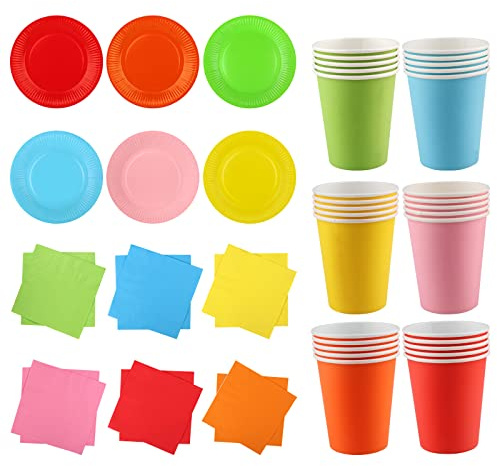 Fowecelt Party Plates Cups Napkins - 90pcs Paper Plates and Cups Set, Party Tableware, Disposable Dinnerware Party Supplies for Birthday Decoration (Colorful)