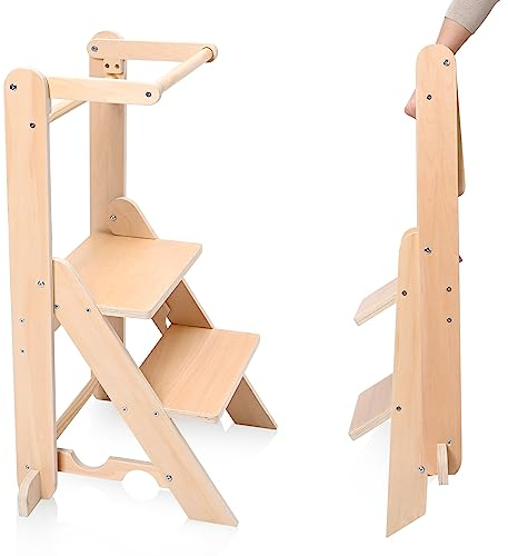 Aomdom Tour d'apprentissage Pliable, Tour d'aide culinaire Montessori Peu encombrante, Tabouret réglable pour Les Enfants de 18 Mois à 6 Ans (capacité de 50 kg)