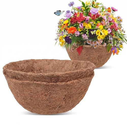 2PCS Hanging Basket Liner, Coco Fiber Liners for Hanging Baskets Plant Flower Growth, Indoor Outdoor Garden Porch Balcony Planter Wall Basket Liner Replacement (10 inch)