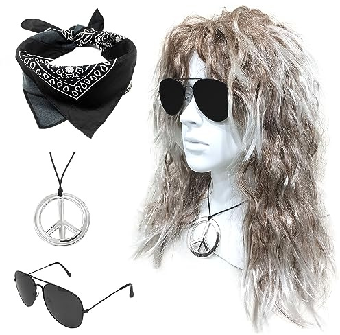 SKHAOVS 4 Stück Rock Perücken Set 60/70/80er Disco Perücke Kostüm Zubehör Hippie Kostüm lockige Perücke Sonnenbrille Bandana Peace Halskette Disco Kostüm für Mottoparty Halloween Bühne (Weiß Braun)