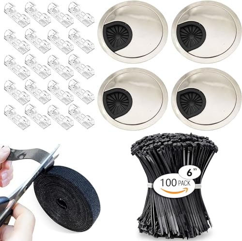 4 Stück Kabeldurchführung 60mm, Kabelorganisationsset, enthält 4 Stück 60mm Schreibtischtüllen, 20 Stück selbstklebende Kabelclips, 1 Stück Rolle Hakenschleifen-Kabelbinder, 100 Stück Kabelbinder