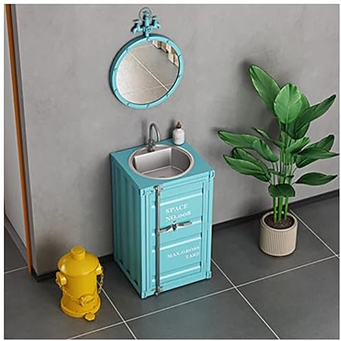 ZTGL Standwaschbecken, Waschtisch, Iron Art Waschbeckenschrank, Industrial Style Retro-badezimmerschrank, Waschbeckenschrank und Waschtischunterschrank mit Wasserhahn,Blau,with Mirror