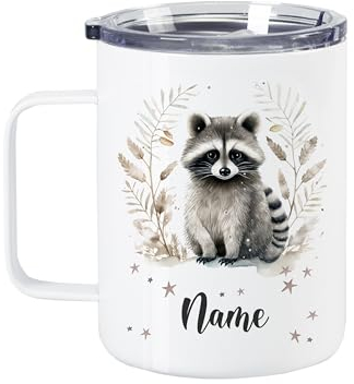 GRAZDesign Thermobecher mit Deckel und Namen personalisiert Waschbär Weihnachten Motiv, Wanderbecher Edelstahl 350ml