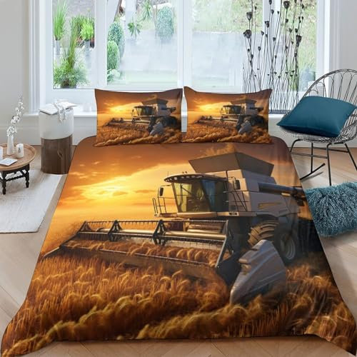 HOTGE 3D Gedruckter Mähdrescher Kinderbettwäsche King（220x240cm）+Kissenbezug Jungen Traktor Bettwäsche Deckung Set Mit Reißverschluss Weich Mikrofaserbettwäsche