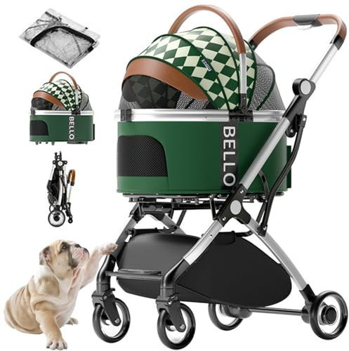 RUYICZB 3 in 1 Hundewagen, Hundebuggy Klappbar Bis 15 Kg Mit Abnehmbarem Korb Regenschutz Verstellbarem Griff Netzfenster, Haustierwagen Für Hunde & Katzen, Haustiere Buggy Katzenbuggy,Grün