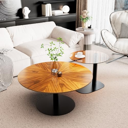 Artloge Couchtisch 2er Set Satztisch Rund, Beistelltisch Set Holz + Glas Sofatisch Wohnzimmertisch mit Metallbeine für Wohnzimmer Klein: 50×45 cm Groß: 80×38.5 cm