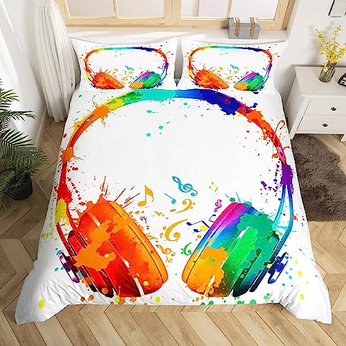 Homewish Housse de Couette 200x200 Enfant Ado - Parure de Lit Casque Arc-en-Ciel pour Garçons Filles - Ensemble de Literie Aquarelle Écouteurs - Couvre Lit Éclaboussures de Graffitis Hippie