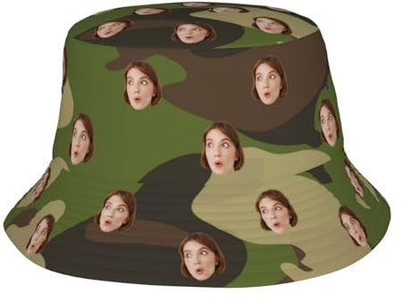 Personalisierter Camo Eimerhut für Damen und Herren mit Gesichtsfoto, Personalisierte Sonnenhut Fischermütze für Sommer Strand Reisen Wandern Outdoor, Entwerfen Sie Ihr eigenes Foto/Logo