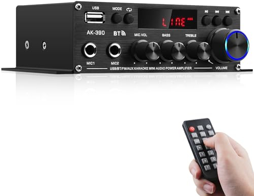 HiFi Stereo Verstärker Empfänger für Home Lautsprecher, AK-390 Bluetooth5.0 Mini Audio Amp 2.0 Kanal RMS 40W X 2 Audio Component Verstärker mit 12V/5A Adapter, FM Radio, (BT, USB, AUX, Mic) Eingang