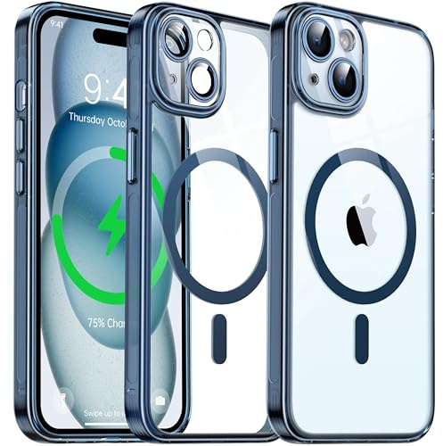 Flyzoo Clear Magnetic Case for iPhone 15 (6.1'') with Camera Protector, [Compatible with MagSafe] [Non-Yellowing] [Shockproof & Antiscratch Protection] Hard Transparent Cover with Silicone Edge, Blue
