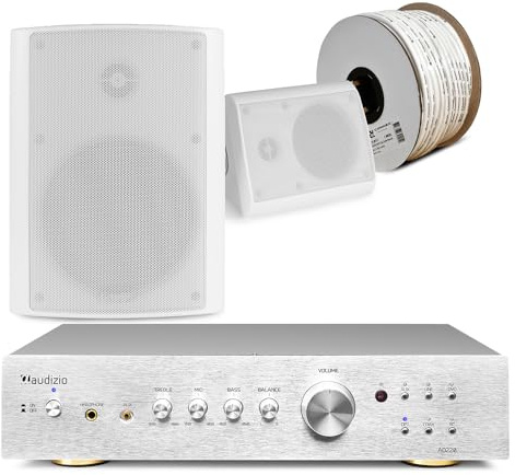 Power Dynamics Audizio AD220A Outdoor Garden Speaker System - 2x BGO65 White, IPX5 Weatherproof Sound System, On-Wall Stereo Speakers with Bluetooth, Optical and Line Inputs