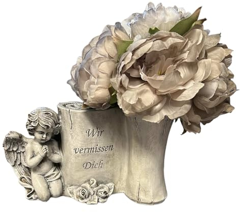 eberin · Friedhof Grabvase in Form Einer Gedenkrolle mit betendem Engel – EIN Symbol des stillen Gedenkens · Trauerspruch: Wir vermissen Dich · antik-grau ·