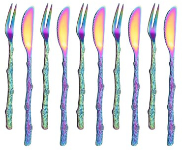 (10 Pièces) Branche En Acier Inoxydable Couteau Et Fourchette À Gâteau De Lune Ensemble De Couteaux Et Fourchettes À Fruits Dessert Couteau Et Fourchette À Gâteau De Lune (Arc-en-ciel)