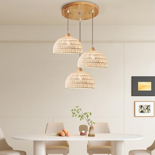 HEYUN Lámpara Colgante De Ratán 3 Luces Pantalla De Ratán Tejido A Mano De Estilo Bohemio E27 Lampara Colgante De Techo Para Bar Cocina Mesa Comedor Dormitorio Habitacion(Round)