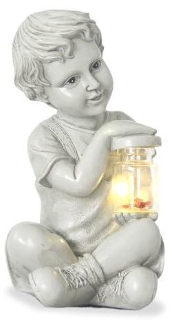 Tuzsocr Solar Gartenstatuen - Junge und Mädchen Figur für mit Solarleuchte, Wasserdichte Outdoor Kleiner Junge Skulptur, mit warmem Licht LED,Fairy Harz Deko Rasen, Hof, Terrasse, Fensterbank,19cm (A)
