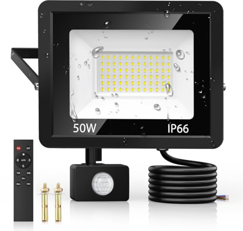 50W Security Lights Outdoor Motion Sensor, PIR Flood Light with Remote Control, IP66 Waterproof, 72 LEDs, Cool White, 6500K, 4500LM, Outdoor Lights Mains Powered for Garden Corridor Entrance Backyard
