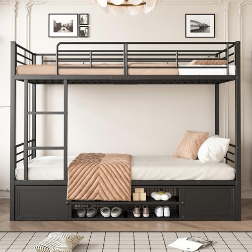 Etagenbett Kinderbett 90x200 cm, Bettgestell Metallbett mit Offener schuhschrank und 2 Aufbewahrungsschränke mit Türen, Stockbett Hochbett Eisenbett für Kinder Jugendliche und Erwachsene, Schwarz