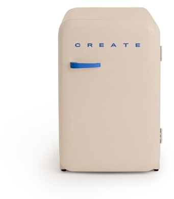 CREATE / RÉTRO FRIGO 83.5 ARGENT/Réfrigérateur sable avec poignée bleu cobalt / 98W, basse consommation, 2 étagères, régulateur de température, porte-bouteilles, 56x54x84cm.
