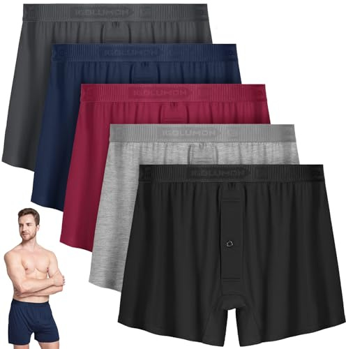 IGOLUMON Mens Underwear Boxer Shorts 5 Pack Comfortable Bamboo Rayon Boxers for Men Classic Relaxed Fit Stretch Shorts Moisture Wicking Breathable Men's Boxer Shorts with Button Fly