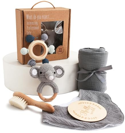Baby present till flickor, (kan graveras och välsignas) nyfödd gåva till födseln baby shower gåva trä leksaker greppleksak badhandduk milstolpe babyfilt fotorekvisita (elefanter)