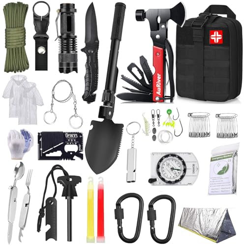 AuRiver Kit Sopravvivenza 163 in 1, Professionale Kit di Sopravvivenza Survival Accessori con Multitool Ascia per Uomo Campeggio Escursionismo Avventura