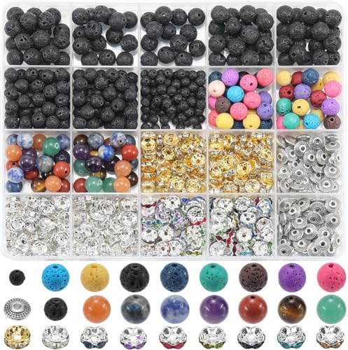 SOFPLATE Kit de 1 Cuentas de Lava para Hacer Joyas A Granel, con Piedra de Lava Y Espaciadores de Diamantes de Imitación de 792mm, de Aleación, para Hacer Difusores de Aceites Esenciales, Pulseras Y