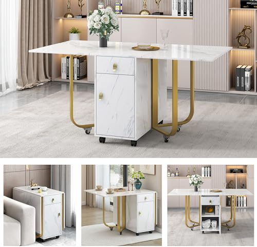 DRIXNO Klappbarer Esstisch (1-St) mit Aufschrank und 2-Schubladen, Klappbarer Küchentisch vielseitiger Tisch, Platzsparender Esstisch mit 4-Stützbeinen,Mit Riemenscheibe(Weiß/Golden)