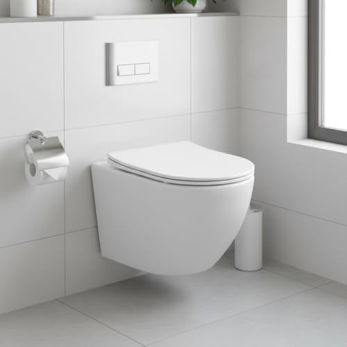 Kometmöbel Hänge-WC mit 360° Tornado-Spülung – Spülrandloses Wand WC, geräuscharm, inkl. WC-Sitz mit Absenkautomatik – Weiß