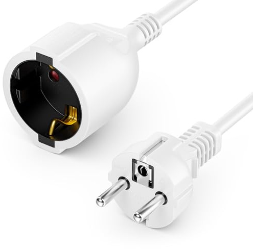 deleyCON 10m Câble de Rallonge Électrique avec Fiche de Sécurité Type F (CEE 7/7) vers Prise (CEE 7/3), Protection Tactile, pour TV, PC, Projecteur - Blanc