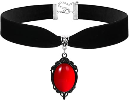 JewelryWe Gothic Choker Halskette für Damen, Schwarz Samt Halsband mit Rot Kristall Anhänger Punk Breit Verstellbar Velvet Choker Kette Viktorianische Kragen Halskette Halloween Kostüm Schmuck