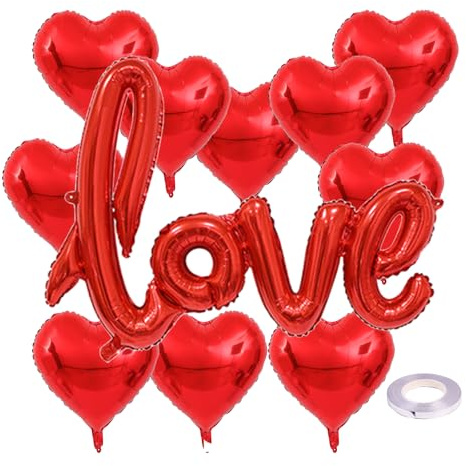 Valentinstag Deko Set mit 10 Stück Herzluftballons Helium und Love Deko, XXL Valentines Day Decorations Rot Luftballons Romantische Folienballon Wedding Verlobung Heiratsantra Herzen Deko