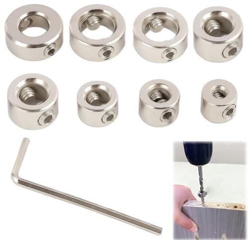 Set di 8 Stop di Profondità per Trapano - Fissaggio a Doppia Vite in Acciaio Inossidabile con Anelli Posizionatori (3-10mm) e Chiave Esagonale Inclusa,set di anelli di arresto di profondità