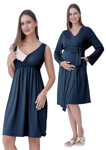SUNNYBUY Set 2-pezzi con accappatoio da gravidanza e per l'allattamento | Set 3-in-1 da notte per gravidanza per nascita, degenza e allattamento, biancheria da notte per ospedale, Blu mare, M