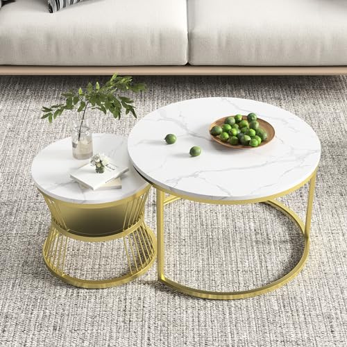 BSCFHCZ Set mit 2 modernen Couchtischen für Wohnzimmer, stapelbar, rund, Gestell aus Metall, Marmor-Effekt, groß: 70 x 70 x 45,5 cm, klein: 45 x 45 x 40 cm (Weiß + Gold)