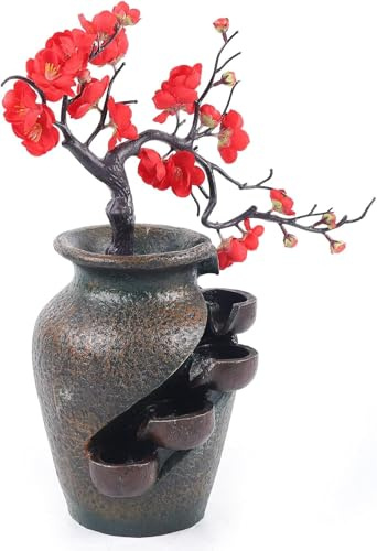 Vase Fontaine D'Intérieur,Fontaine de Bureau -D'Intérieur Cascade d'eau de Table avec Fleurs d'arbre de Simulation,pour Chambre à Coucher,Salon,étude