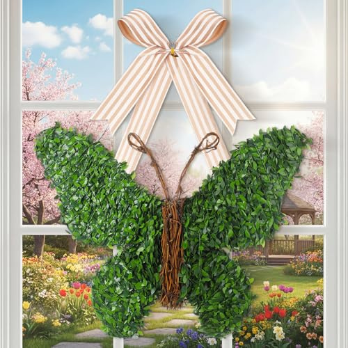 Suncalla 20 Inch Butterfly Wreath with Bow Greenery Spring Artificial Boxwood Wreaths Farmhouse Door Sign for Indoor and Outdoor Porch Front Door Wall Window Mantels Fireplace Wedding Decor Gift