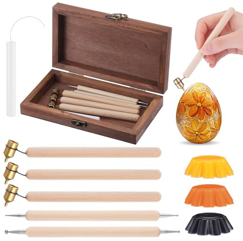 Vicenpal 9 Pcs Ukrainian Easter Egg Decorating Kit Pysanky Traditional Easter Decorating Set 0.3 0.4 0.5 mm Kistka Pen 2 Double Sided Drop Pull Tool Beeswax for Color Egg DIY Craft Set
