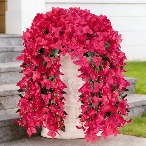 Homcomodar Set di 4 bouganville artificiali da appendere per esterni resistenti ai raggi UV per portico, balcone, terrazza, vaso da fiori da esterno (rosa rossa)