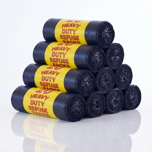 REQUISITE NEEDS Heavy Duty Bin Bags with 50L Capacity, 200 Count (20 bin liners x 10 rolls), Black Refuse Sacks, Strong Recycled Liners for Everyday use at Home, Office, Kitchen & Restaurants