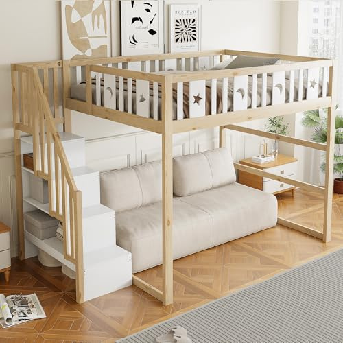 Merax Etagenbett Kinder 140x200 cm, Hochbett Massivholzrahmen mit Sicherheitsgeländer, Treppe mit Regalen, Platzsparend, Holzfarbe & Weiß (ohne Matratze, ohne Sofa)