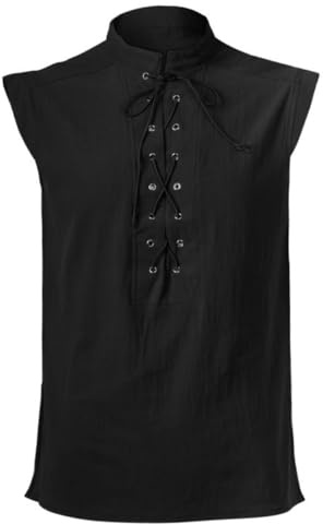 Henley - Gilet da uomo senza maniche, stile vintage steampunk gotico vichingo, con lacci, gilet tradizionale con coulisse, costume da pirata, top medievale in lino, Nero , XL