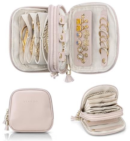 VLANDO Schmuckkästchen Reise 2 lagige Schmuckaufbewahrung,Für Klein Schmuck | Travel Essentials,Geschenk für Damen,Travel Accessories,Schmucktasche Für Ohrringe,Halsketten,Ringe,Rosa