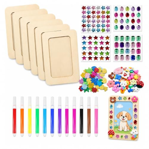 JUNJIEFU 6stk Bilderrahmen Basteln Kinder, Holzbilderrahmen zum Bemalen | DIY Bastelset für Kinder mit 12 Filzstiften, Stickern & Glitzer Dekoration, für kindergeburtstag basteln