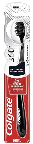 Colgate Toothbrush 360° Activated Carbon, Medium, 1 Piece – Manual Toothbrush Cleans Teeth, Tongue, Cheeks and Gums with Medium Hard Bristles Black