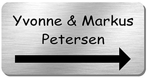 Edelstahl Türschild Namensschild Hinweisschild mit Pfeil und individueller Laser-Gravur in vielen Schriftarten, Größe ca. 100 mm x 50 mm * Modell Petersen