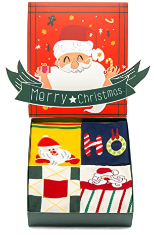 🎁 4 Paar Weihnachtssocken Damen und Herren Unisex Einheitsgröße in Geschenkbox Geschenkideen , Christmas Socks mit Weihnachtsmotive Baumwolle Weihnachten Socken (Weihnachtsmann)